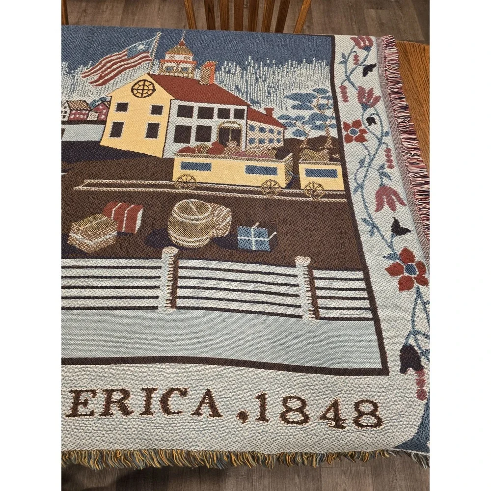 Vintage‎ Situation Of America Throw Blanket Woven American Folk Art Tapestry
